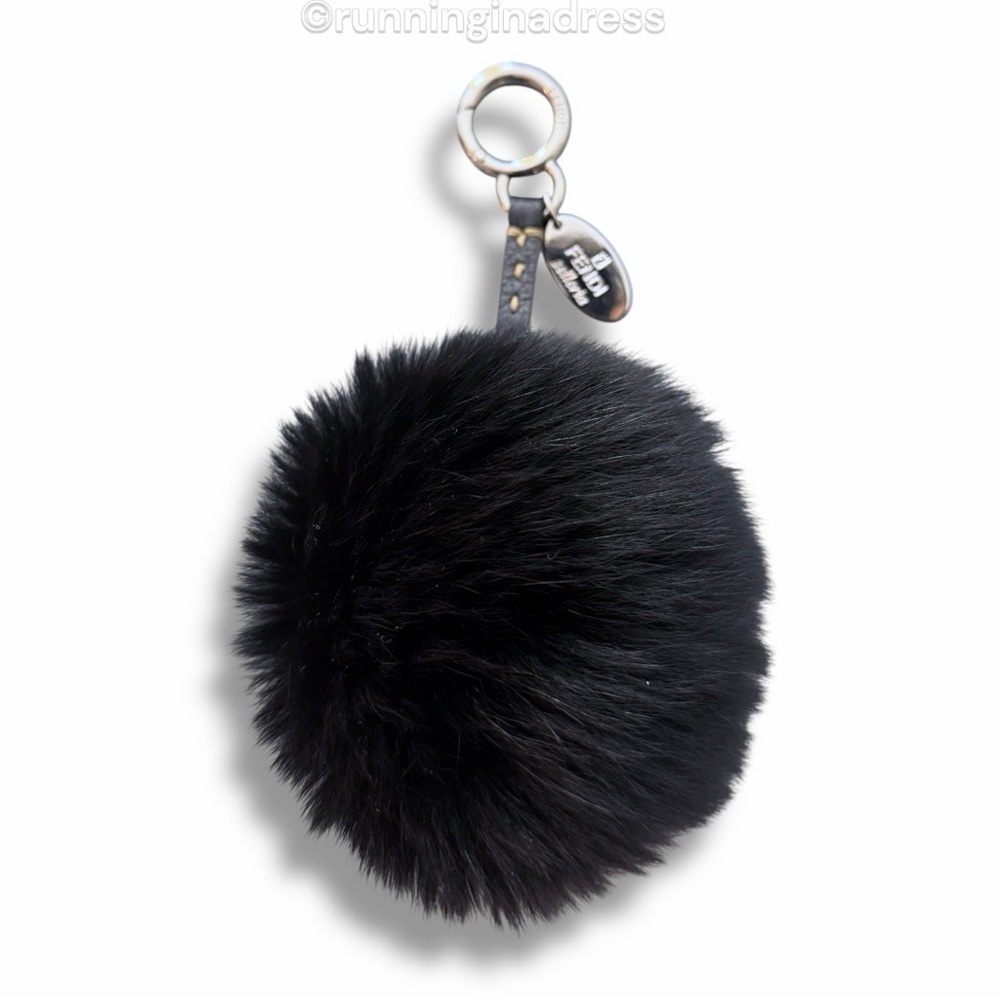 Authentic FENDI Selleria Black Fur Pom Pom Bag Charm Key Ring Luxury